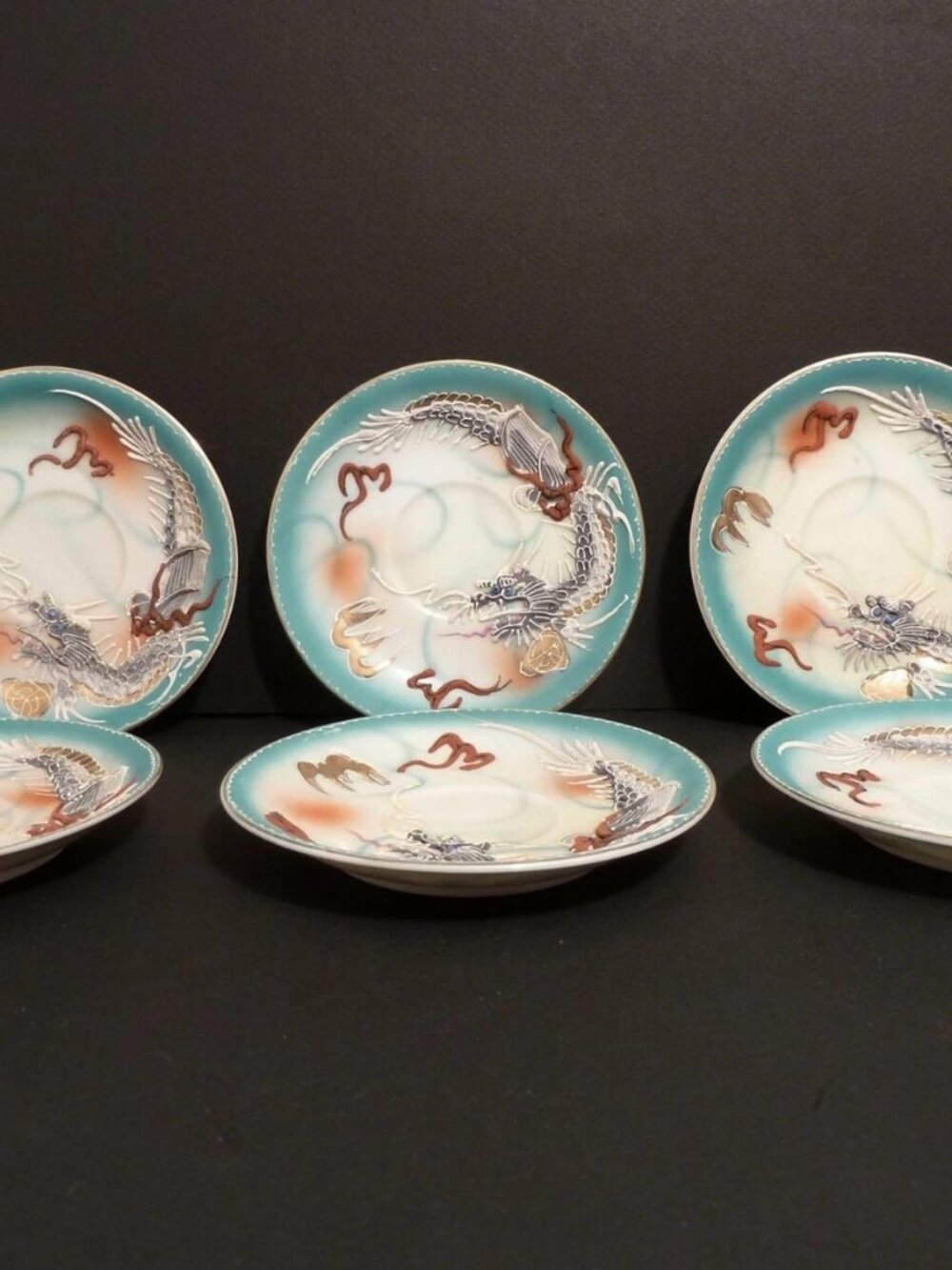Takito Japanese Dragonware Moriage Saucer Raised Relief Gray Blue Vintage 624